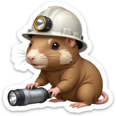 a mole rat with ore drill, white helmet, headlamp sticker