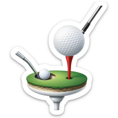 A golf ball on a tee with a golf club placed beside it, set against the backdrop of a well-manicured green golf course. The scene emphasizes the equipment and serene atmosphere of the sport, with soft lighting and a peaceful, open landscape sticker