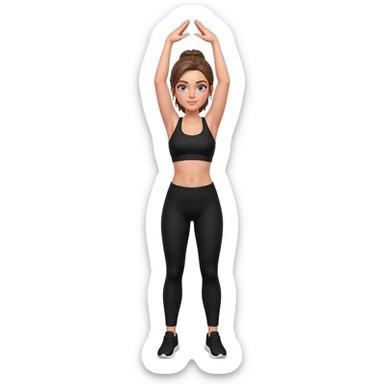 standing stretch with arms overhead, fair-skinned woman, light gray-blue eyes, ash brown brows, ash light brown hair tied back, slim athletic body, black workout set, black sneakers with white soles sticker