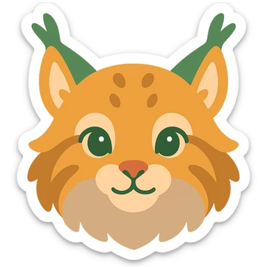 A cute and soft lynx face with big, expressive eyes, designed in a warm and magical color palette: golden orange (FA9B41), forest green (4A7C5C), muted taupe brown (96775A), and pastel peach (FFCC9A). The lynx’s fur is fluffy and soft, with a mix of warm browns and golden highlights. Its ears are tipped with tufts of fur in greenish tones, and its cheeks are gently rounded with subtle peach accents. The eyes are bright and curious, surrounded by soft fur in the warm color palette. The overall look is adorable, serene, and enchanting, evoking a gentle, woodland atmosphere. sticker