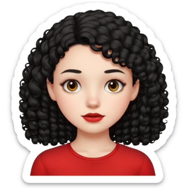 Side part black curly hair girl with mole above left side of lip pale skin red top sticker