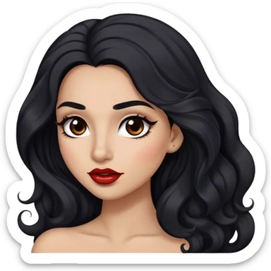 Woman with long black wavy hair, light brown skin complexion, arched dark brown eyebrows, full lashes,redish lips sticker