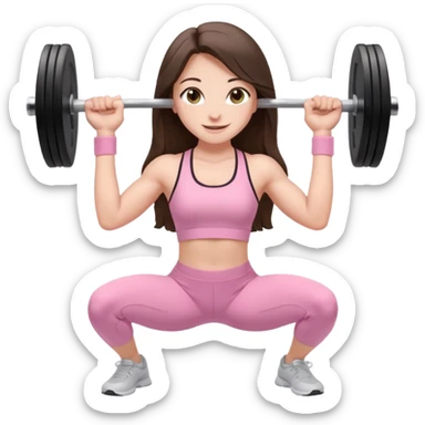 white happy brunette teen long hair with hazel eyes in light pink workout clothes holding a barbell bending over sticker