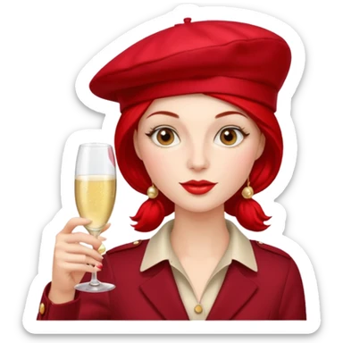 Modern French Woman with Red Beret and drinking champagne from a coup glass sticker