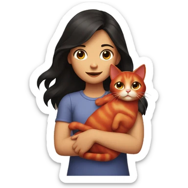 A girl with dark hair holds a red cat in her arms sticker