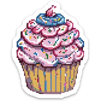 giant cupcake with pink icing and colorful sprinkles in pixel art style sticker
