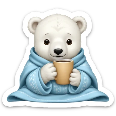 baby white polar in cozy blanket, drink coffee sticker