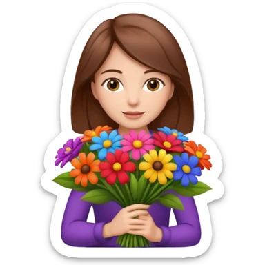 brown hair woman with big bouquet of flowers sticker