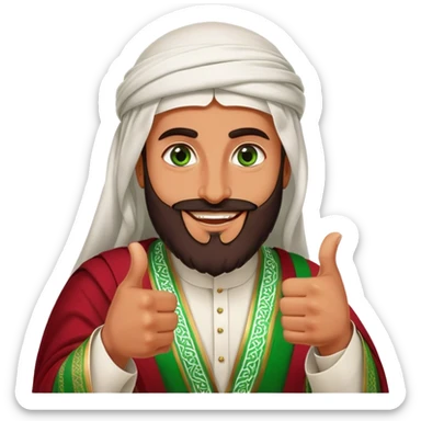 Tanned Arab Saudi man with green eyes and a beard, wearing traditional attire, red agal, smiling and giving a big thumbs-up sticker
