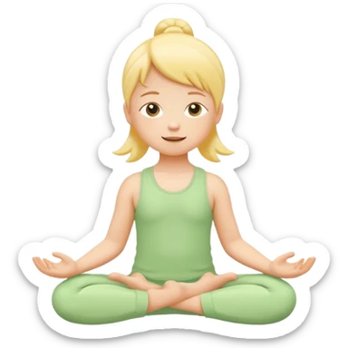 Flat illustration emoji of a small child practicing yoga, simple pose, calm and happy expression, soft pastel colors (yellow, green, soft orange), rounded shapes, minimal details, child-friendly, gentle and warm style, vector illustration, no background, cohesive style with kindergarten branding sticker