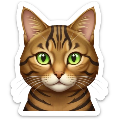 Cinematic Noble Brown Tabby Cat Portrait Emoji, Poised and regal, with sleek, well-groomed fur in warm brown tones accented by bold dark tabby stripes, striking almond-shaped golden-green eyes, Simplified yet sharp and sophisticated features, highly detailed, glowing with a soft, dignified glow, high shine, intelligent and graceful, stylized with an air of elegance, focused and attentive, soft glowing outline, capturing the essence of a watchful and refined feline, so majestic it feels as though it could glide across the screen with effortless confidence! sticker