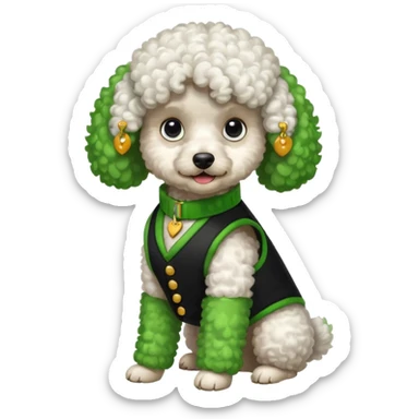 Caniche blanca con chaleco negro coN verde sticker