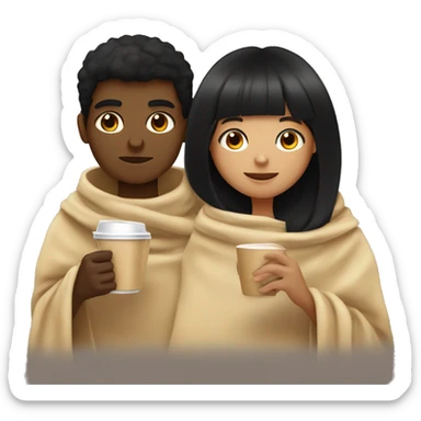 TAN SKIN GIRL WITH BLACK HAIR AND BANGS AND BROWN SKIN BOY WITH BLACK HAIR inside a blanket sipping coffee sticker