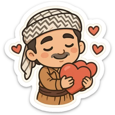 Kurdish man or woman in jamadani, cartoon style, hugging a heart or with floating hearts around, loving expression, no text sticker