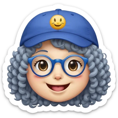 yellow female smiley face emoji, big smile, winking, wearing a backwards blue ball cap, grey curly hair, cat eye glasses, no eye colo sticker
