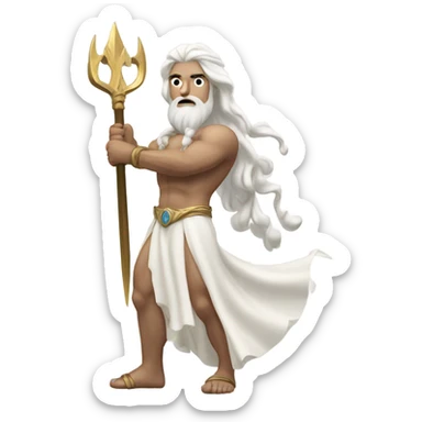white Poseidon with gold Trident. long white hair white dress. show biceps muscle sticker