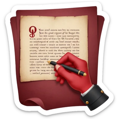 Minimalist emoji-style sticker of a pale hand signing a parchment contract titled “YOUR SOUL” in gothic font, muted red ink, grayscale background sticker