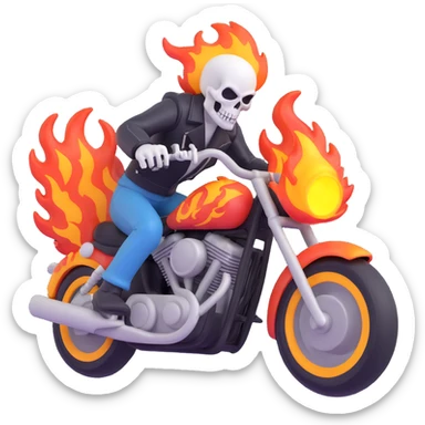 Ghost Rider riding a motorcycle with flames, dynamic action, 3D style sticker