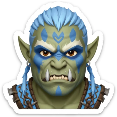 Fantasy orc portrait emoji, white and blue frost war paint on face, harsh winter warrior mood, strong expression, minimal tribal design, clean readable emoji style, male/female variant
 sticker