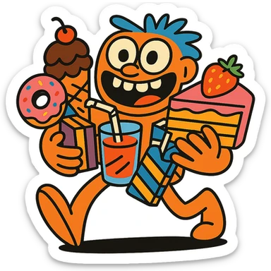 wide-eyed, silly character with arms full of desserts and treats, fun and excessive sticker
