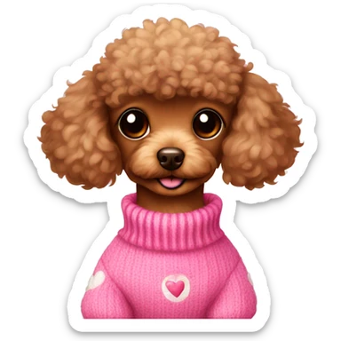 brown toy poodle in pink sweater with hearts sticker