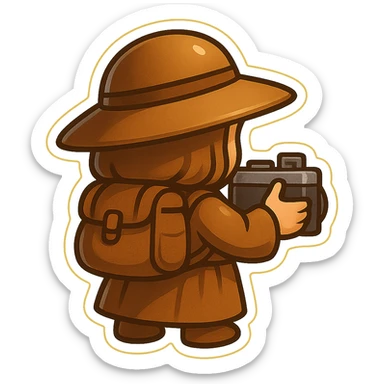 A small, funny medieval pilgrim with a camera, seen from behind, in retro stickers style, with a transparent background. sticker