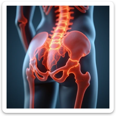 Anatomical view of piriformis muscle on a woman, highlighted in red in the gluteal region, bones and other muscles visible in transparency, lateral view, hyperrealism 4K, white background sticker