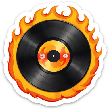 a black vinyl record on fire with a white center sticker sticker