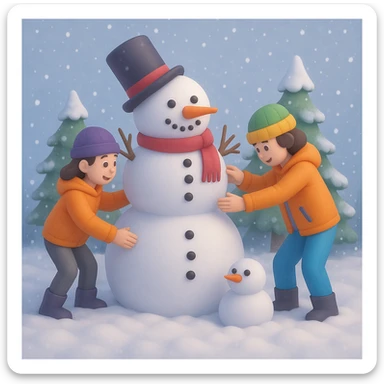 Add a snowy background behind the kids building a snowman, keep the original 3D emoji style sticker