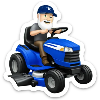 Older bigger white male with short grey beard and blue Dallas cowboys hat riding lawn mower  sticker