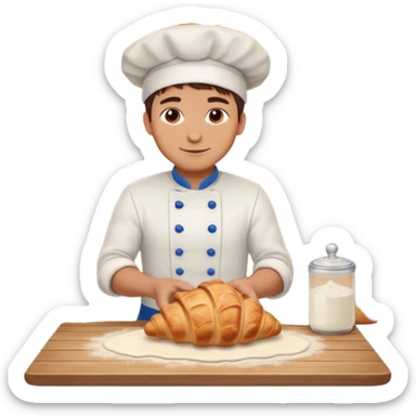 Young male baker – rolling croissant dough on a wooden table, flour on clothes

 sticker