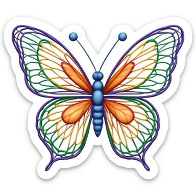 String art icon, colorful butterfly made with threads, wings formed by intricate thread patterns, body of the butterfly with visible thread ball structure, minimalistic style, clean lines, transparent background. sticker