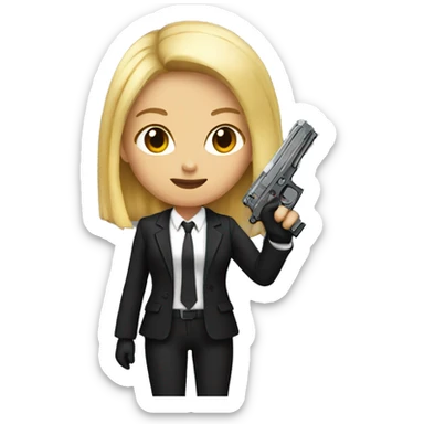 Girl in black suit with gun sticker