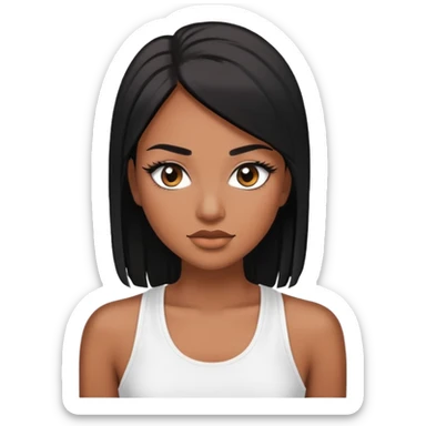 Woman with brown skin black straight hair white tank top and lashes sticker
