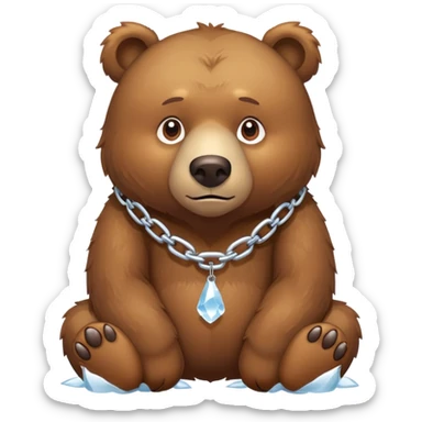 Realistic brown bear on all four legs with serious expression, wearing a simple chain made entirely of ice around its neck, nothing hanging from it sticker