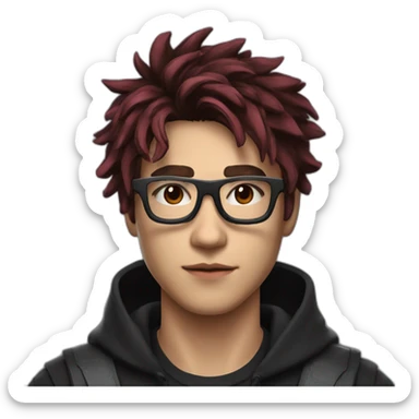 A 19 year old guy, with messy hair with fading on the side, wearing futuristic spatial computing glasses, in a black outfit with dark red accents sticker