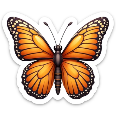 Cinematic Realistic Cute monarch Butterfly Portrait Emoji, Head tilted playfully and inquisitively, featuring vibrantly patterned ruby wings with intricate detailing and a charming, petite body with round, sparkling eyes full of warm curiosity, rendered with lifelike precision and natural highlights, high shine, affectionate and spirited, styled with a touch of whimsical garden delight, soft glowing outline, capturing the essence of a mischievous yet lovable monarch butterfly that seems poised to flutter playfully into your arms! sticker