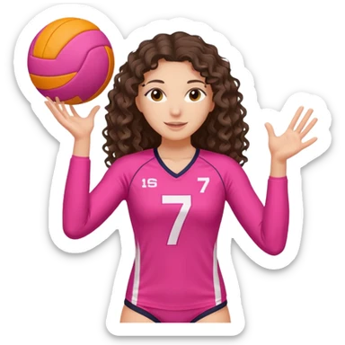 white brunette volleyball player with long curly hair with (a pink outfit with the number 7) and ONE ball with orange AND white stripe sticker