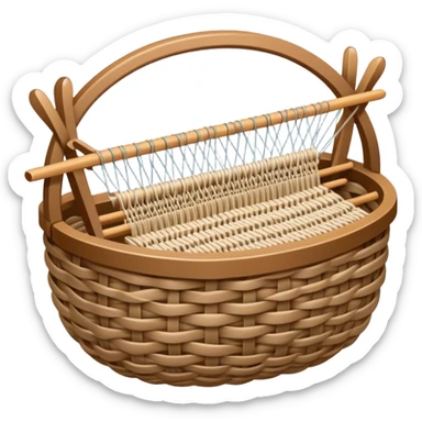 Weaving icon, various types of weaving such as basket weaving, macramé, and loom weaving, showing intertwined threads or ropes, weaving tools like shuttle, crochet hook, and loom, minimalistic style, clean lines, transparent background. sticker