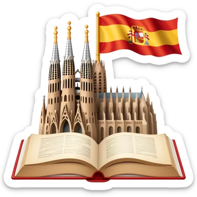 An icon featuring the Sagrada Familia and the flag of Spain, symbolizing the Spanish language. The design includes an open book with Spanish text and flamenco dancers, representing language learning and cultural heritage. Transparent background sticker