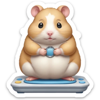 Cute chubby cartoon-style hamster standing on a bathroom scale, looking nervous with praying hands. Painterly shading, closed eyes, white background, sticker-style illustration sticker