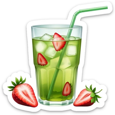 glass of iced green tea with strawberry slices sticker