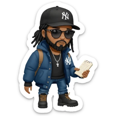 African American man with shoulder length black dreadlocks with black beard wearing black sunglasses wearing a black New York Yankees logo baseball cap wearing a black bubble winter coat wearing denim skinny jeans timberland boots writing a note sticker