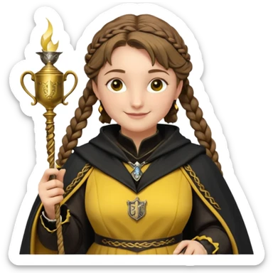 Helga Hufflepuff,the Hogwarts founder of Hufflepuff,brown-haired,2braids,yellow-black medieval dress with black cloak decorated with gold braiding,flickering magic wand and tiny two-handled shiny gold cup engraved with the badger silhouette,very kind smile,curvy busty sweet sticker