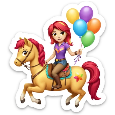 sunset shimmer mlp holding colorful balloons tied to its saddle, looking cheerful. sticker