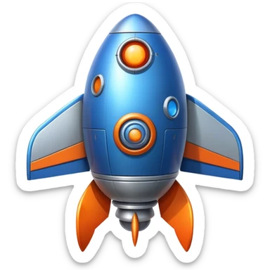 Spaceship with a large rounded belly in the middle, rocket boosters, personified with a happy face sticker