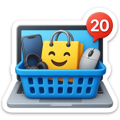 Create a high fidelity emoji style variant with smooth edges featuring a laptop instead of a desktop, a shopping basket showing tech items like a phone, headphones, and mouse instead of food, and an emoji shopping bag. The style should resemble emoji style with smooth edges and high detail. sticker