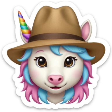 unicorn face cute wearing fedora, horn piercing through the hat looking in the camera sticker