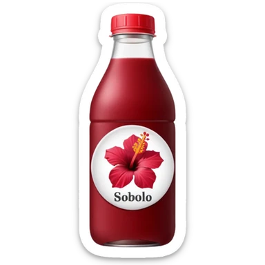 sobolo emoji (Ghanaian frink) in a plastic bottle and make the juice dark red  but a hibiscus on it and  write sobolo on it no hibiscus behind it on the label instead sticker