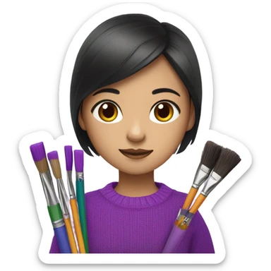 Half Asian girl in bright purple sweater holding paintbrushes and pencils sticker